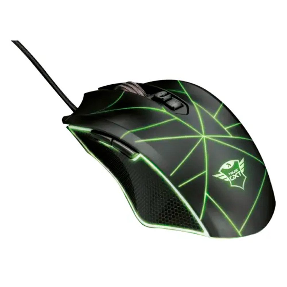 Mouse Gamer al&aacute;mbrico Trust GXT 160 Ture RGB en color negro mostrando su iluminaci&oacute;n LED multicolor.