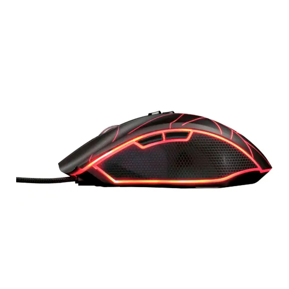 Mouse Gamer al&aacute;mbrico Trust GXT 160 Ture RGB visto desde un &aacute;ngulo lateral mostrando su dise&ntilde;o ergon&oacute;mico y el cable de conexi&oacute;n.