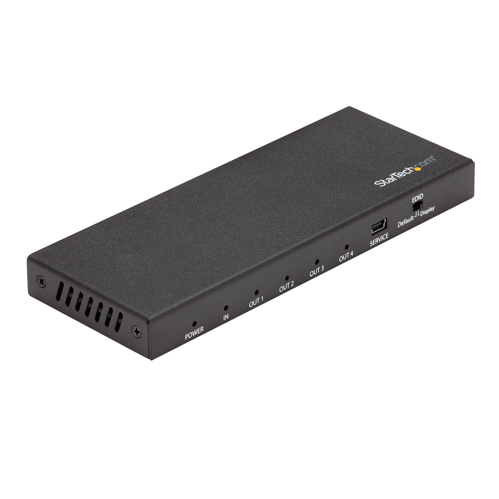 Diagrama de uso del splitter HDMI conectando una fuente a cuatro pantallas simult&aacute;neamente.