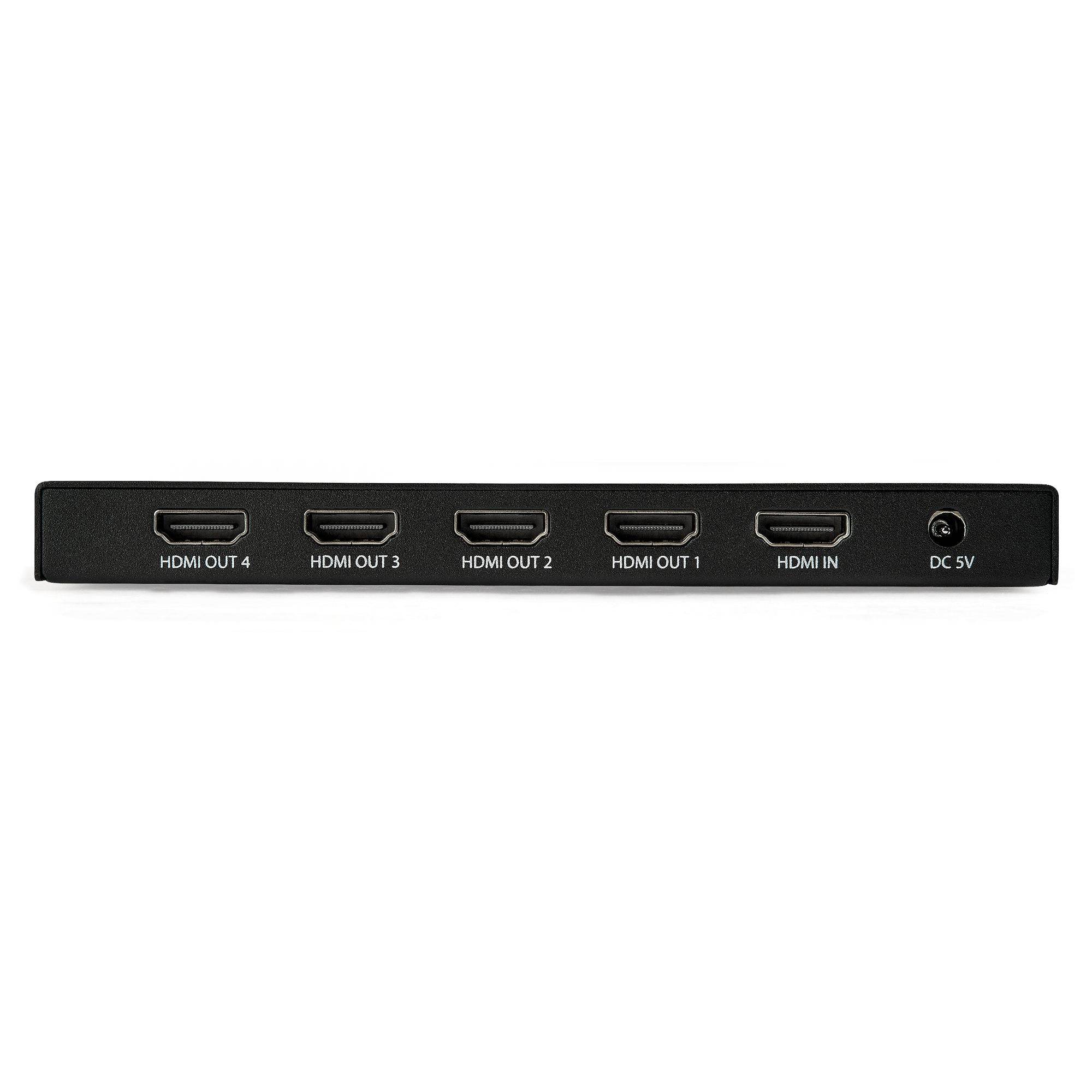 Conexi&oacute;n de entrada y las cuatro salidas HDMI del splitter StarTech.