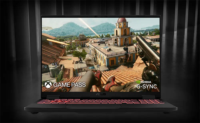 vista frontal del Notebook ASUS TUF Gaming A16 destacando su pantalla Full HD compatible con NVIDIA GSYNC
