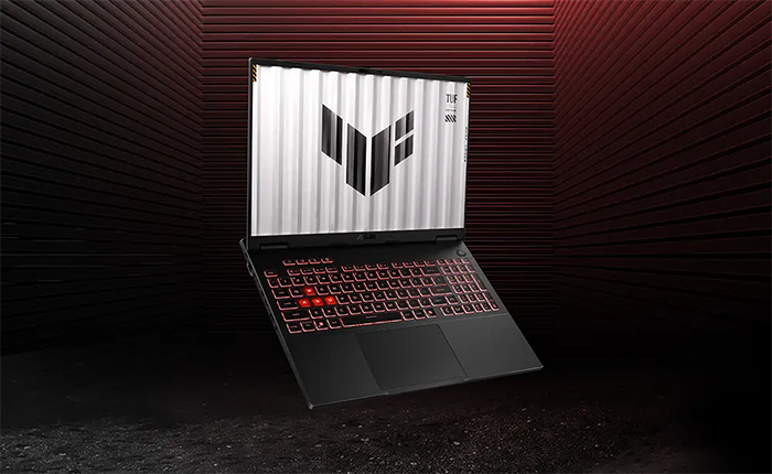 Vista frontal del Notebook ASUS TUF Gaming A16 abierto con logo TUF en la pantalla