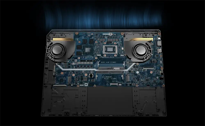Vista superior del Notebook ASUS TUF Gaming A16 abierto destacando sus ventiladores