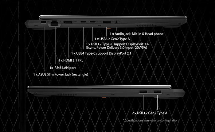 Vistas laterales del Notebook ASUS TUF Gaming A16 destacando sus m&uacute;ltiples puertos de conexi&oacute;n