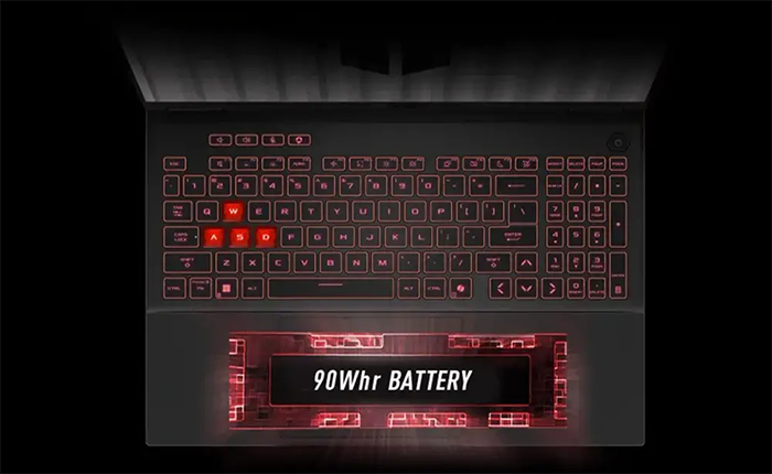 Vista abierta del Notebook ASUS TUF Gaming A16 destacando su bater&iacute;a de 90Whr para mayor autonom&iacute;a