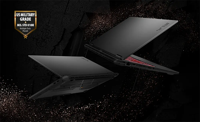 Vista del Notebook ASUS TUF Gaming A16 semi cerrado destacando su durabilidad de grado militar