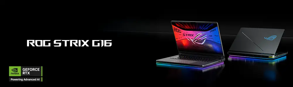 Banner presentaci&oacute;n de ASUS ROG Strix G16, a la derecha vista frontal y posterior del notebook semi abierto, a la izquierda leyenda ROG STRIX G16 en letras blancas abajo logo NVIDIA GEFORCE RTX - Powering Advanced AI, todo en fondo negro 