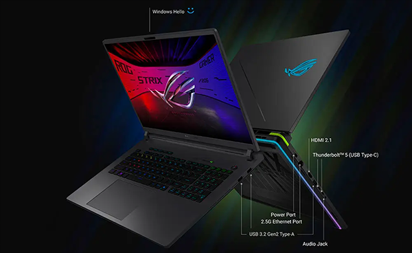 Vista inferior del chasis del ROG Strix G16 resaltando las bases de goma antideslizantes y las entradas de aire para los ventiladores duales.