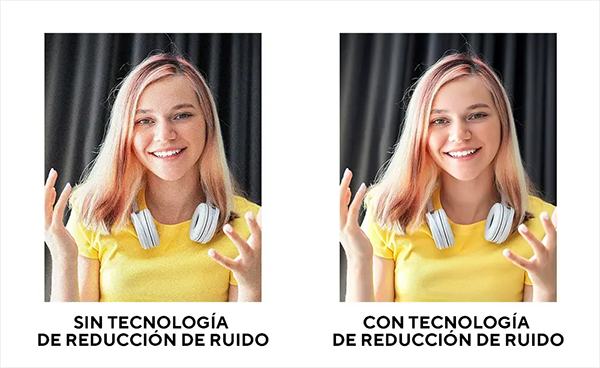 Comparativa de imagen n&iacute;tida en videollamadas obtenida con la tecnolog&iacute;a de reducci&oacute;n de ruido para videollamadas perfectas del ASUS Vivobook 15 (derecha) comparada con imagen est&aacute;ndar sin este filtro (izquierda)