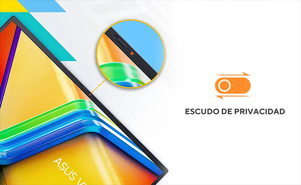 Detalle de la c&aacute;mara web con escudo de privacidad f&iacute;sico integrado en el marco superior de la pantalla.