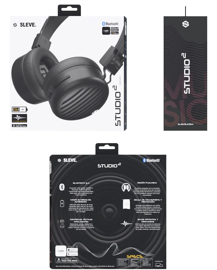Contenidos del empaque aud&iacute;fonos headset Sleve Studio 2 Gen 2
