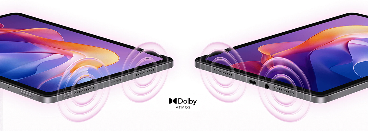 Imagen simulada de sonido emitido desde parlantes de Redmi Pad 2 con tecnolog&iacute;a Dolby Atmos