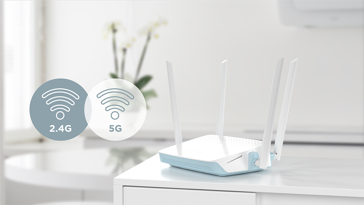 Router Mesh Velop Micro 7 encima de mueble en entorno dom&eacute;stico con &iacute;conos de bandas compatibles 2.4G y 5G