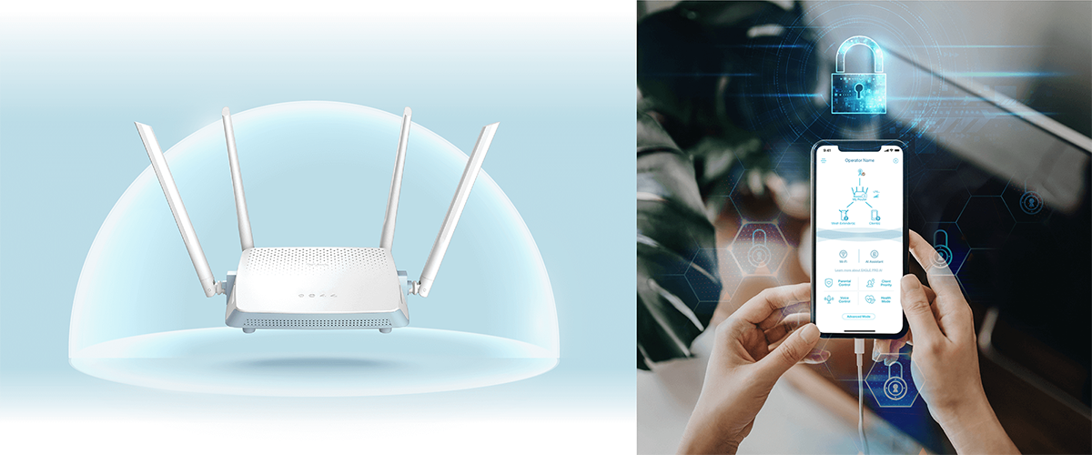 Router Mesh Velop Micro 7 encima de mueble en entorno dom&eacute;stico con &iacute;conos de bandas compatibles 2.4G y 5G