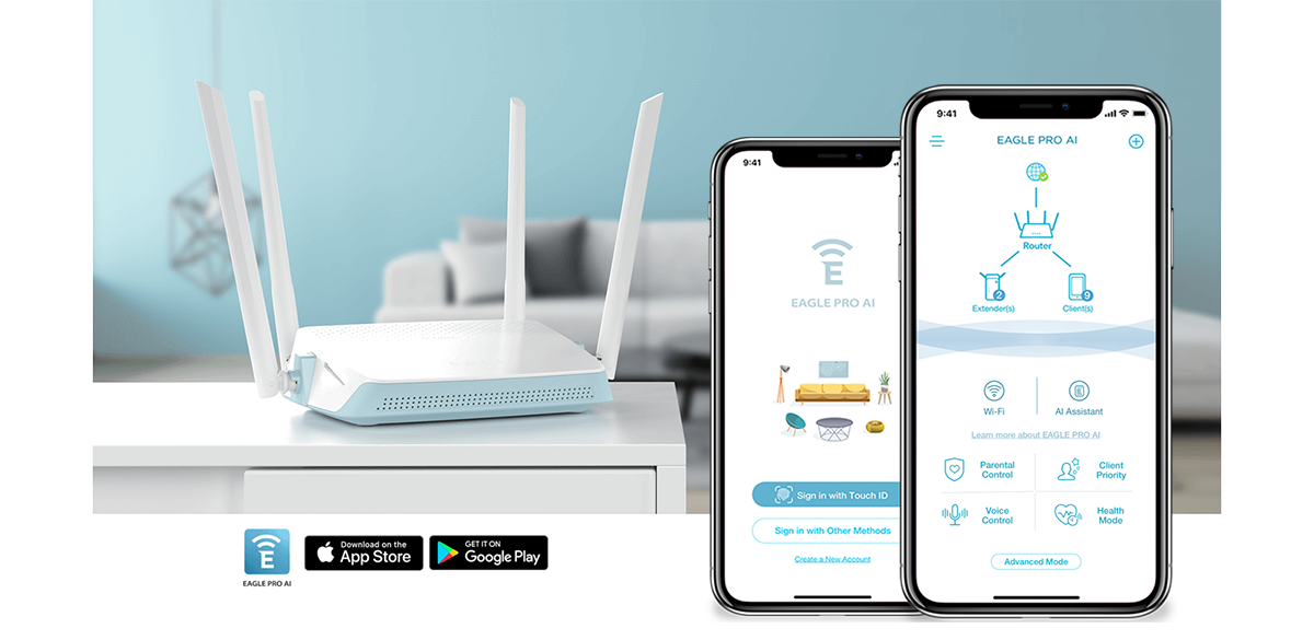 De fondo, router EAGLE PRO sobre mueble en entorno dom&eacute;stico. En primer plano, dos smartphones, un iPhone y Android, con captura de pantalla de la app en la pantalla