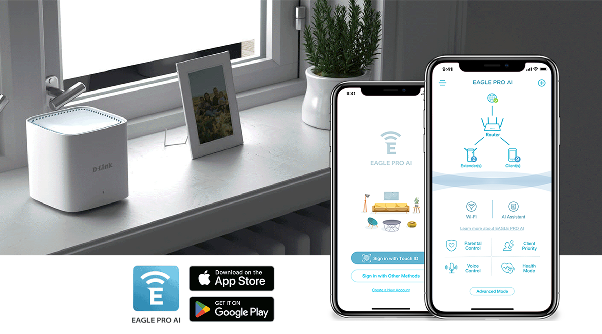 Router Mesh D-link Eagle Pro M15 en entorno dom&eacute;stico al fondo. Al frente, dos smartphones, uno android y un iPhone, con applicaci&oacute;n Eagle Pro AI abierta