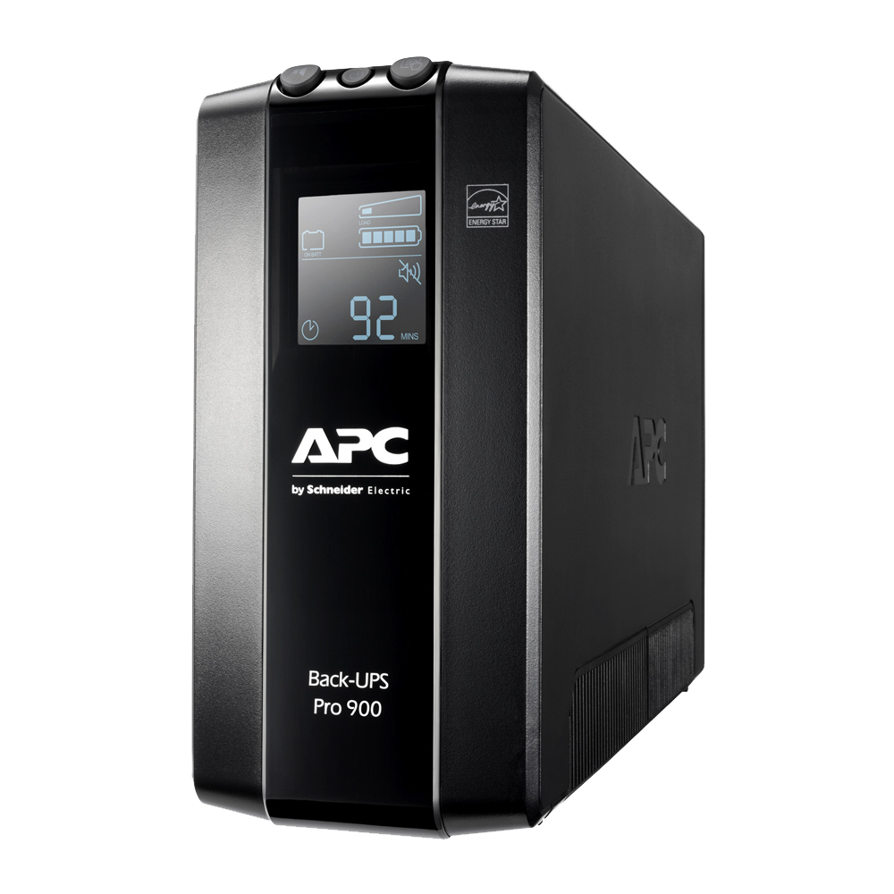 Vista frontal de la unidad UPS APC con pantalla LCD activa