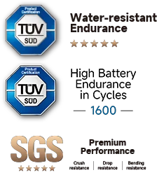 Logos T&Uuml;V High Battery Endurance in Cycles 1600 y Logo SGS Comprehensive Shock & Drop-resistance
