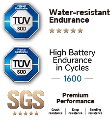 Logos T&Uuml;V High Battery Endurance in Cycles 1600 y Logo SGS Comprehensive Shock & Drop-resistance