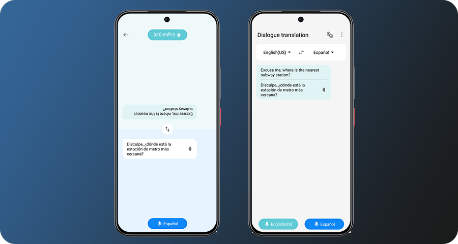 Ilustraci&oacute;n que muestra dos smartphones con captura de pantalla de traducci&oacute;n en tiempo real