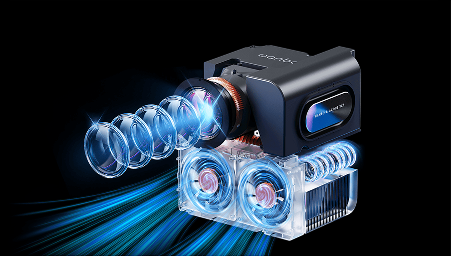 Proyector inteligente Wanbo Mozart 1 Pro de color azul oscuro, vista frontal mostrando lente de alta precisi&oacute;n.