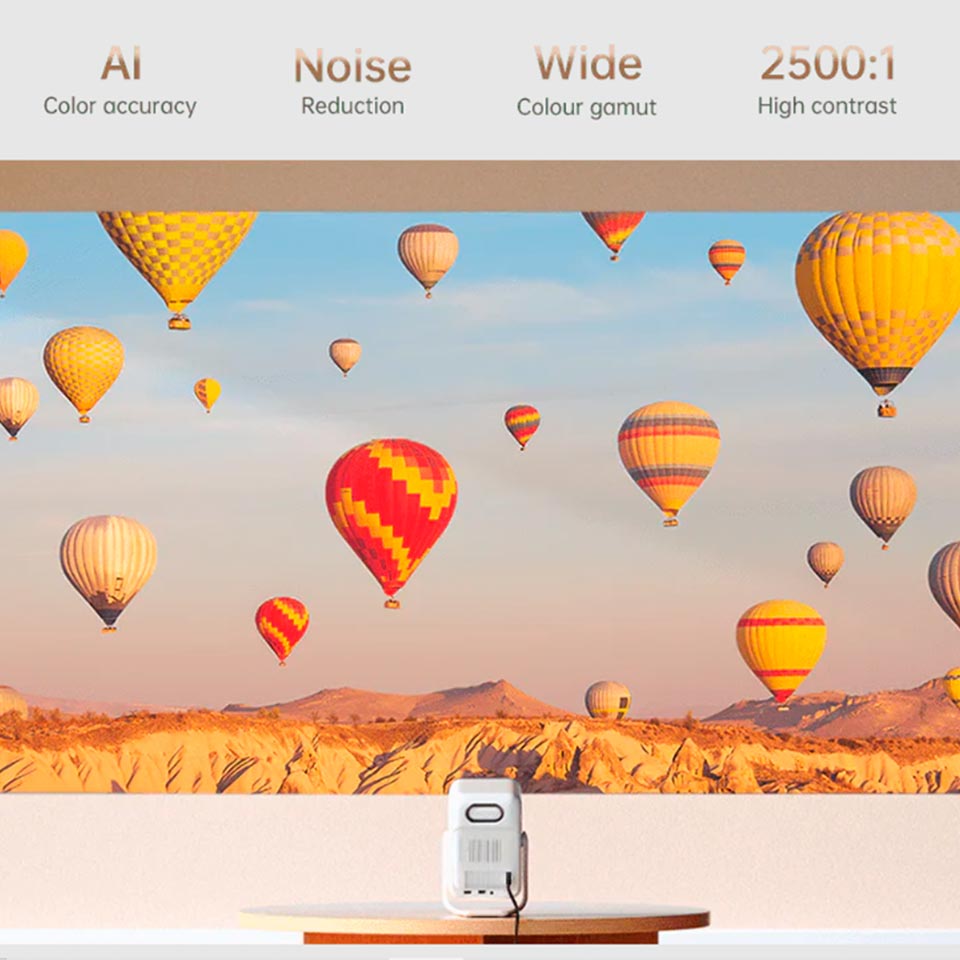 Proyector Wanbo T2 Ultra Full HD dise&ntilde;o compacto en color blanco.