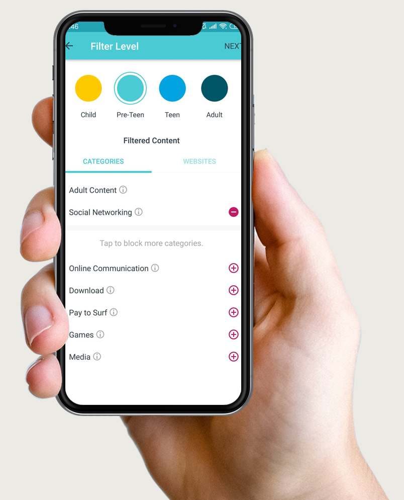 Smartphone mostrando pantalla de niveles de filtro en app