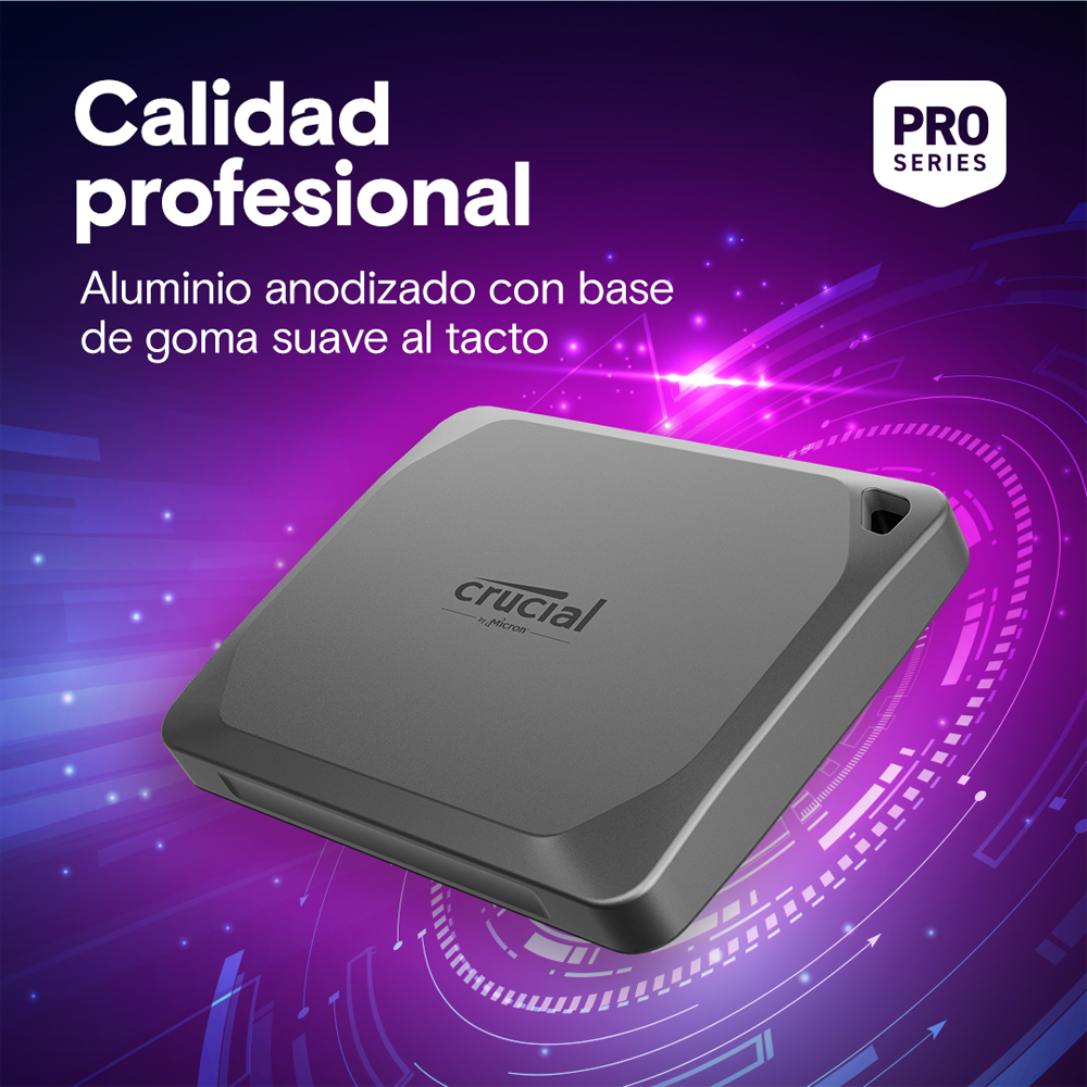Dise&ntilde;o compacto y duradero de la SSD Crucial X9 Pro con orificio para cord&oacute;n