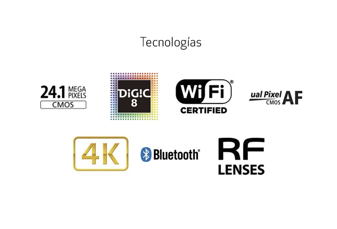 Tecnolog&iacute;as disponibles en la c&aacute;mara Canon EOS R100: 24.1MP CMOS, Digic 8, Wi-Fi, Ual Pixem AF CMOS, 4K, Bluetooth, RF LENSES
