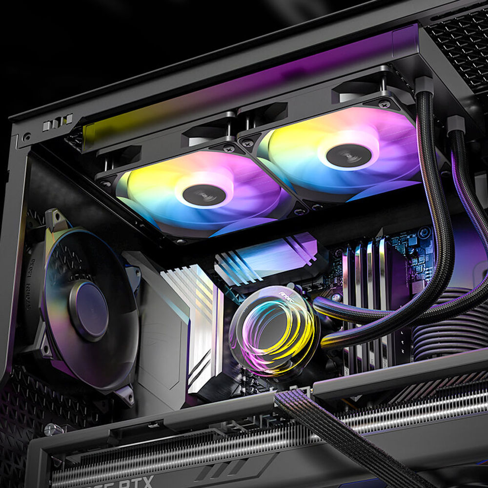 Detalle de ventiladores ARGB de 120mm con rodamiento hidr&aacute;ulico