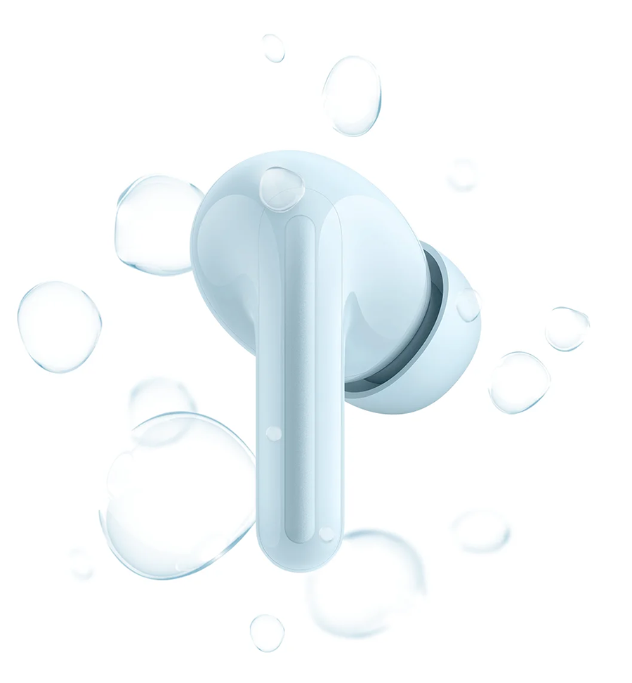 Vista de un Aud&iacute;fono Redmi Buds 8 Lite Negro rodeado de gotas de agua