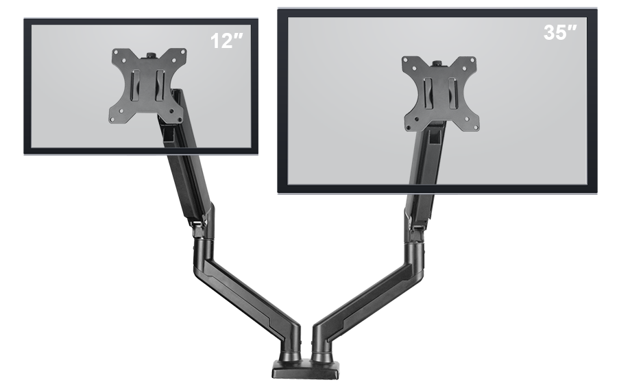 Vista frontal de brazo doble Polarland PGA35BD con un monitor de 12 pulgadas en brazo izquierdo y monitor de 35 pulgadas en brazo derecho