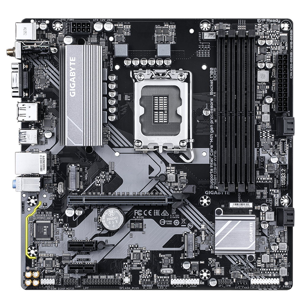 Vista de los cuatro z&oacute;calos de memoria DDR5 de la placa madre GIGABYTE