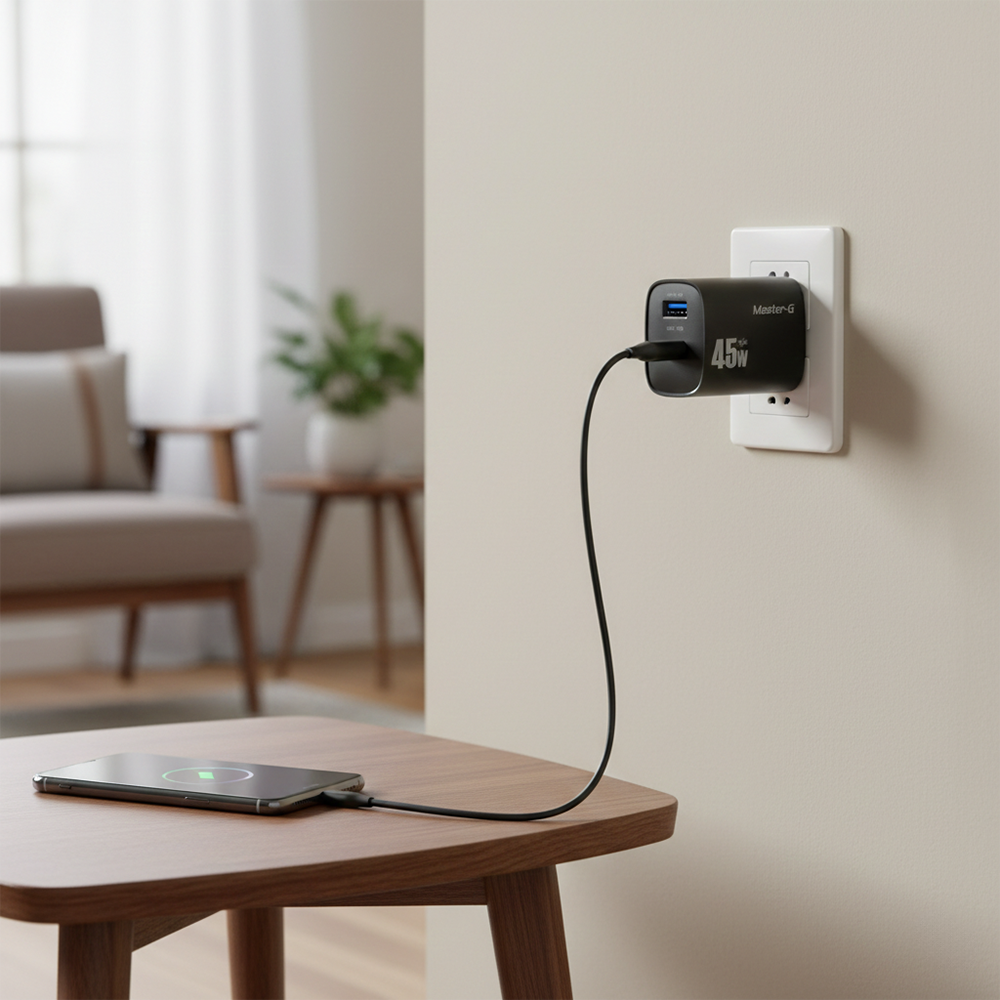 Cargador Master-G conectado a la pared cargando un smartphone y una tablet simult&aacute;neamente