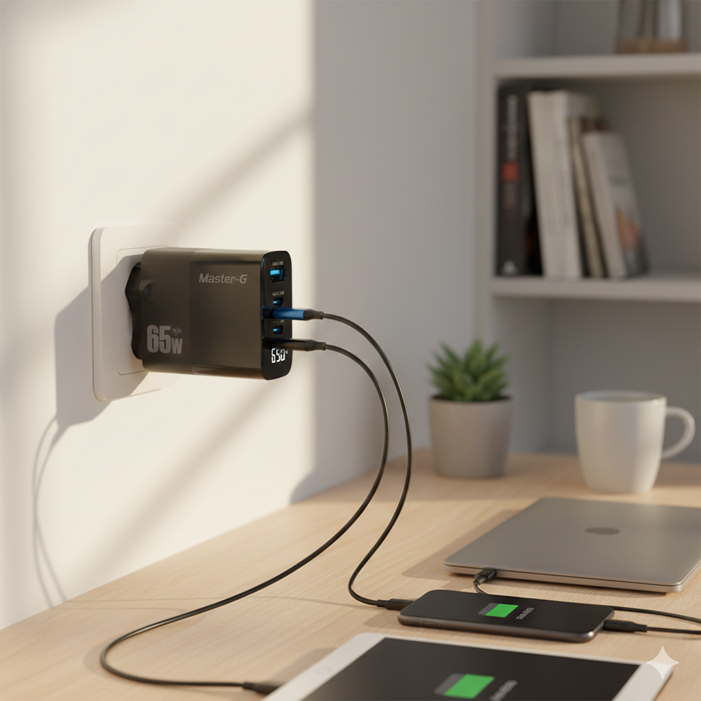 Cargador de pared Master-G cargando un computador port&aacute;til y un tel&eacute;fono m&oacute;vil simult&aacute;neamente