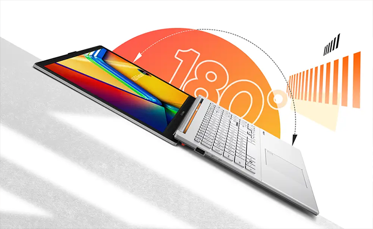 Vista del dispositivo ASUS Vivobook Go 15 abierto completamente destacando su bisagra de 180&deg;