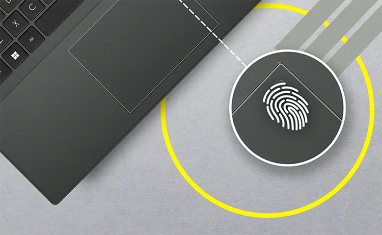 Vista superior detalle del touchpad del ASUS Vivobook Go 15 destacando su medidas de seguridad como desbloqueo por huella dactilar