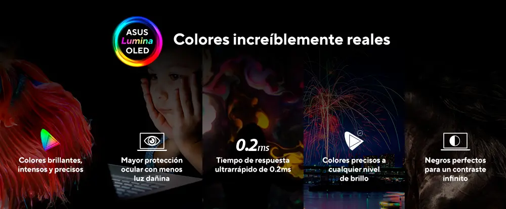 Resumen de las caracter&iacute;sticas principales de la pantalla ASUS Lumine OLED incluida en el notebookASUS Zenbook 14 OLED