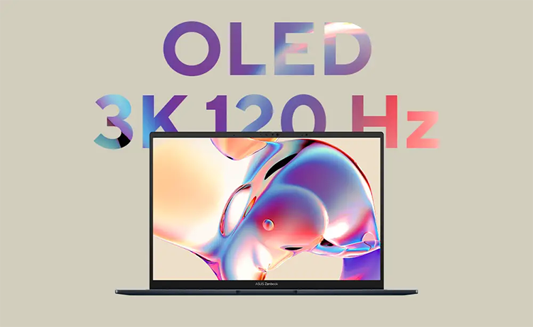 Vista frontal del notebook ASUS Zenbook 14 OLED destacando su pantalla OLED con resoluci&oacute;n 3k y tasa de actualizaci&oacute;n de 120Hz