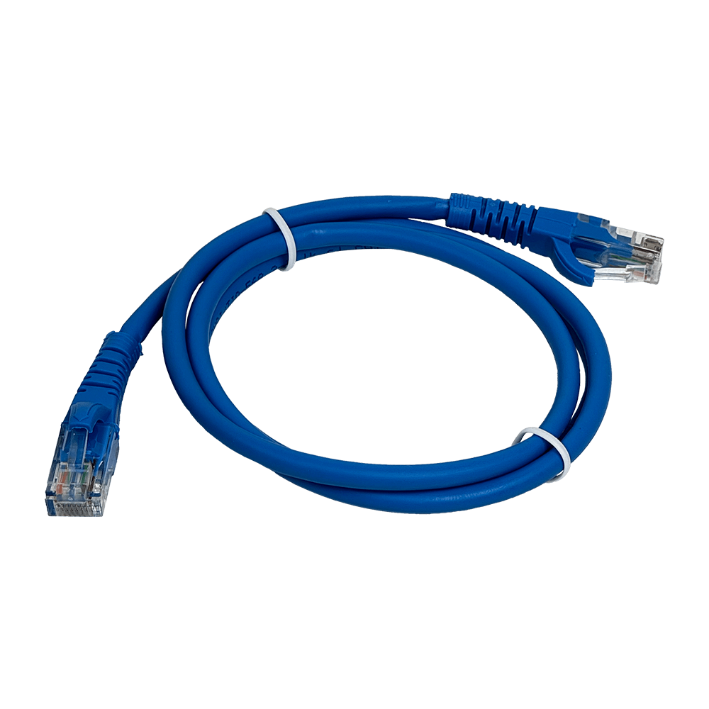 Detalle del conector RJ45 del cable LAN azul con blindaje y contactos ba&ntilde;ados en oro