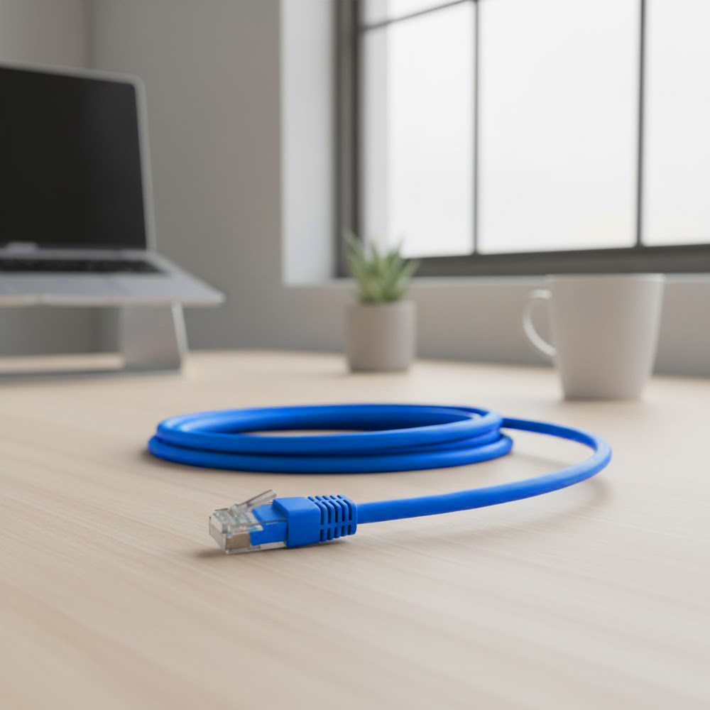 Vista del cable de red azul de 1 metro con chaqueta LSZH y conductores de cobre