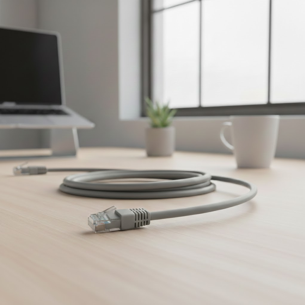 Vistas superiores y laterales del conector RJ45 y cable gris