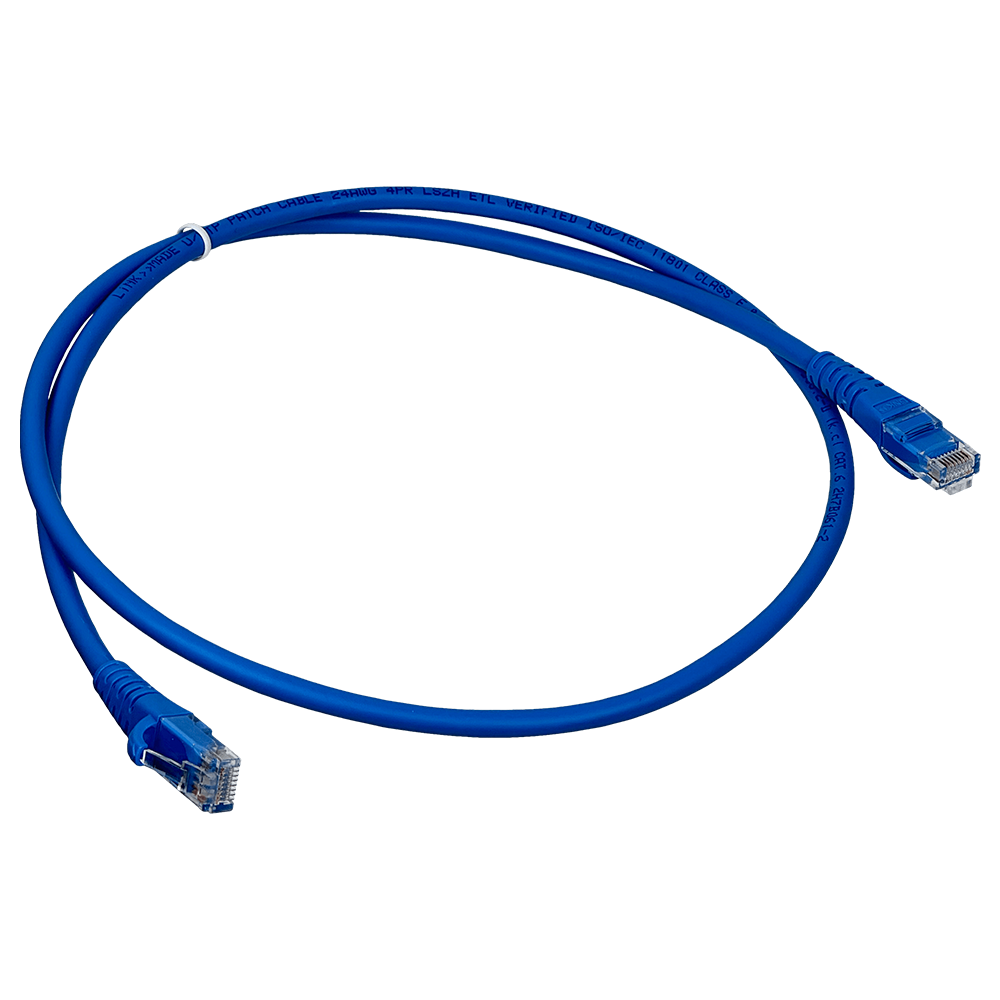 Detalle de conectores RJ45 del cable LAN Cat6 azul con blindaje de bronce