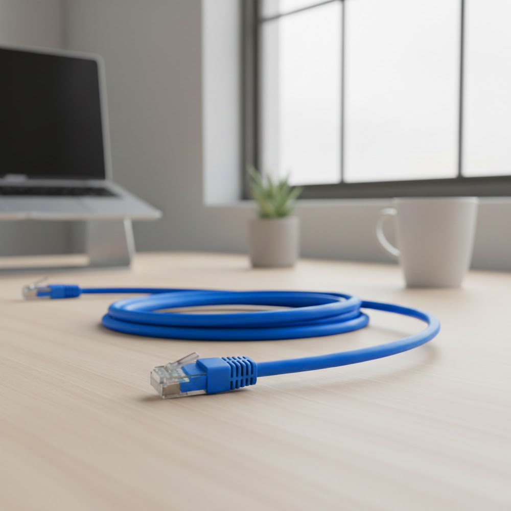 Vista del conector RJ45 azul con terminaciones ba&ntilde;adas en oro y dise&ntilde;o robusto