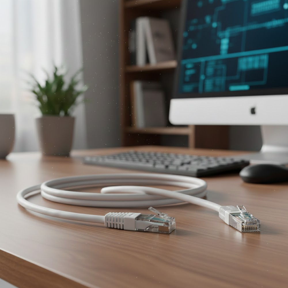 Detalle de conectores RJ45 blancos con contactos ba&ntilde;ados en oro