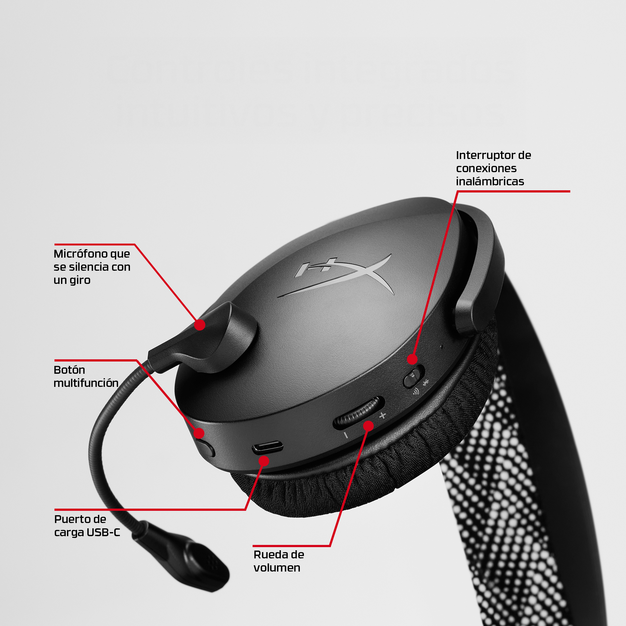 Aud&iacute;fonos gamer HyperX color negro con almohadillas acolchadas y diadema ajustable, vista lateral del headset gaming