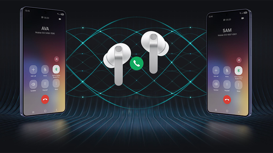 Perspectiva superior del estuche de carga compacto de los Samsung Galaxy Buds4 Pro.