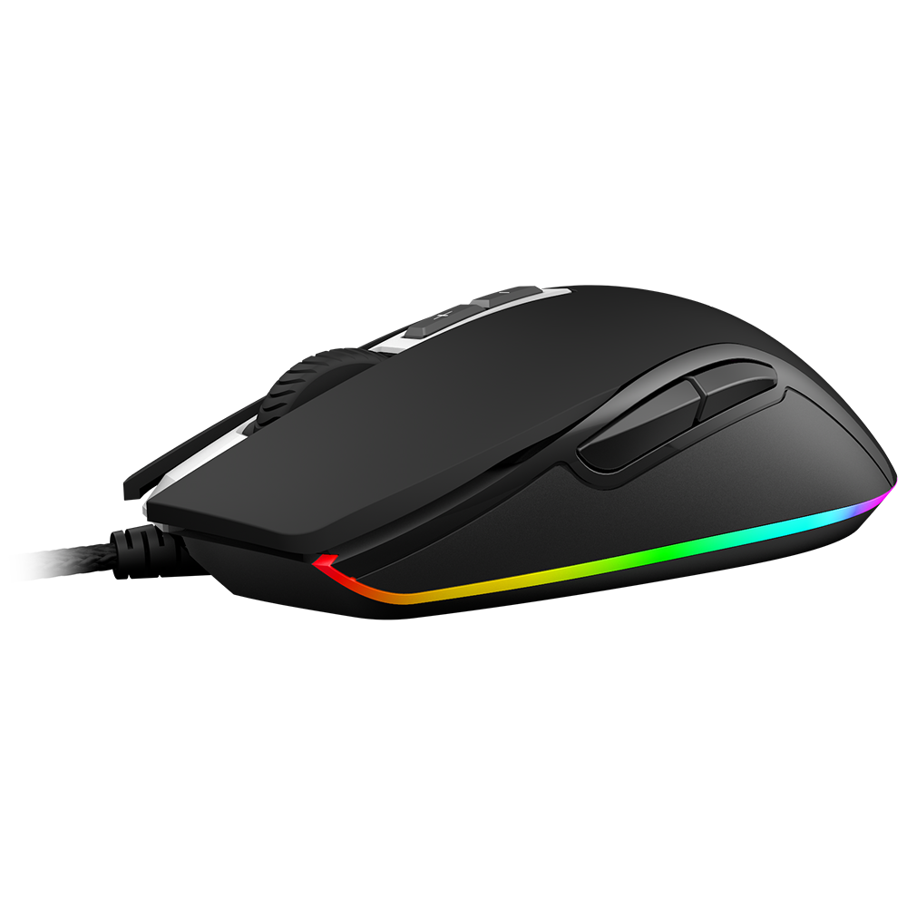 Vista lateral del mouse gamer ViewSonic resaltando sus botones funcionales y cable reforzado