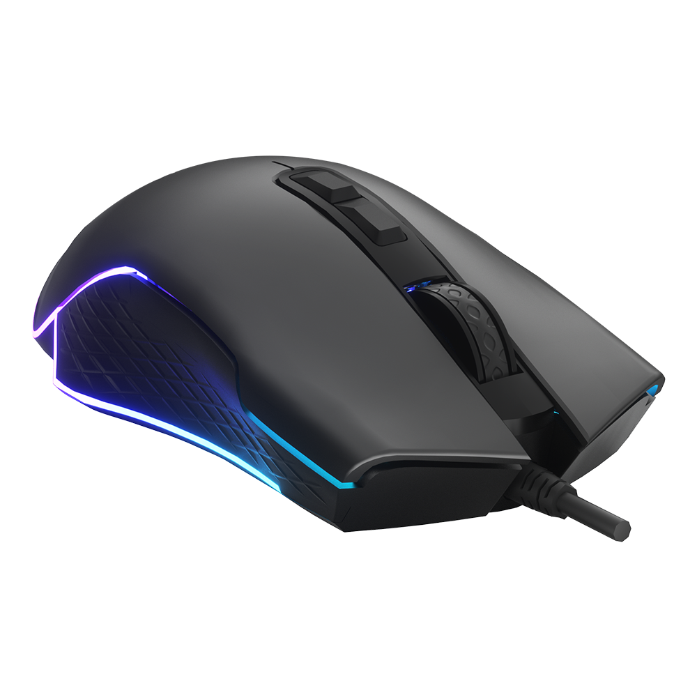 Detalle lateral del mouse ViewSonic MU800 destacando sus botones laterales y luz RGB