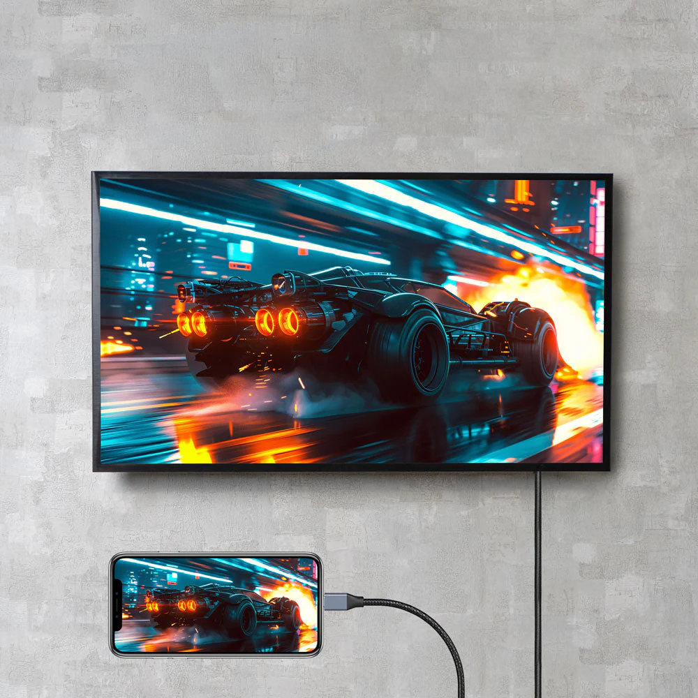 Smartphone conectado a televisor con cable ArgomTech HDMI a Tipo C para stremear directamente desde tu smartphone y disfrutar de pel&iacute;culas o juegos en una pantalla amplia